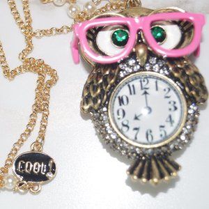 Betsey Johnson BACK TO COOL OWL LONG PENDANT CRYSTAL